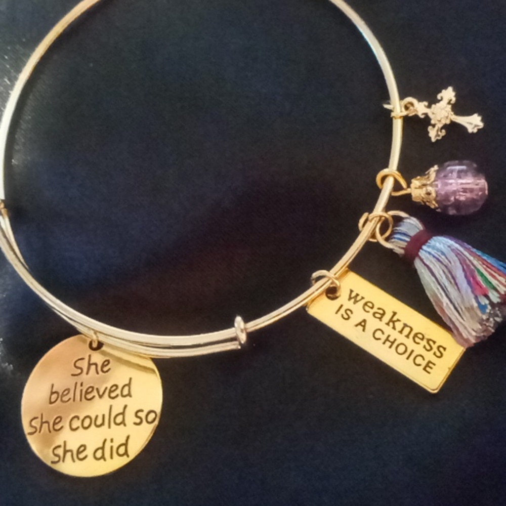 Inspirational bangle bracelet multi colored tassel. Hearts